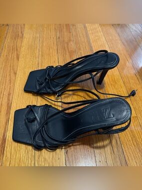 Zara Black Strappy Square-Toe Lace-Up Heels